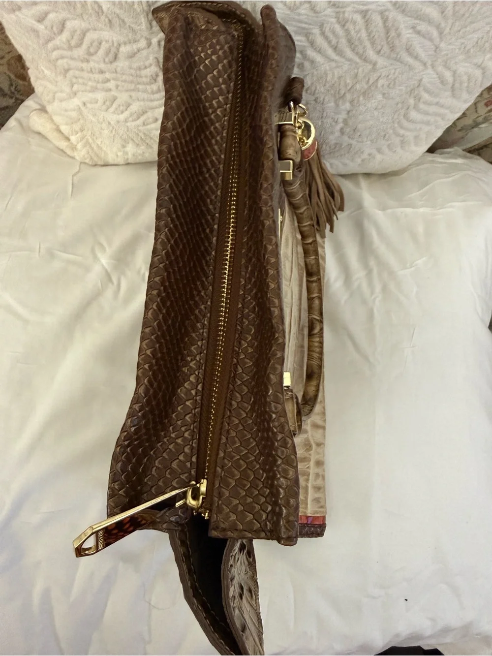 Croc-Embossed Tote in Beige and Brown with Red Trim
